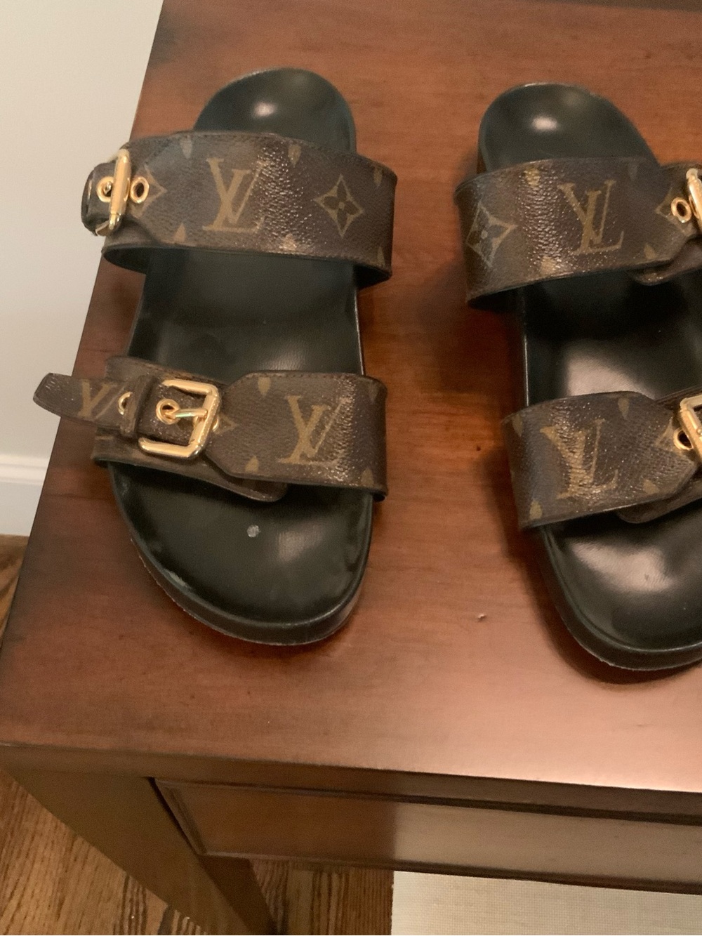 Louis Vuitton Monogram Double Buckle Slides in Brown and Black